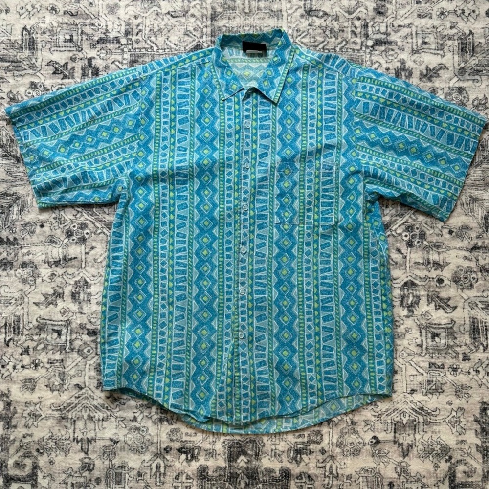 Vintage Fast Breakers Blue Geometric Tribal Short Sleeve Button Down Mens Medium